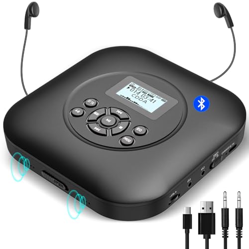 Tragbarer CD Player Bluetooth mit Lautsprechern, wiederaufladbarer 1800mAh CD-Player tragbar mit Stoßschutz/Anti-Skip-Schutz, Kopfhörer und AUX-Kabel, für Auto, Haus & Reisen. von CCHKFEI