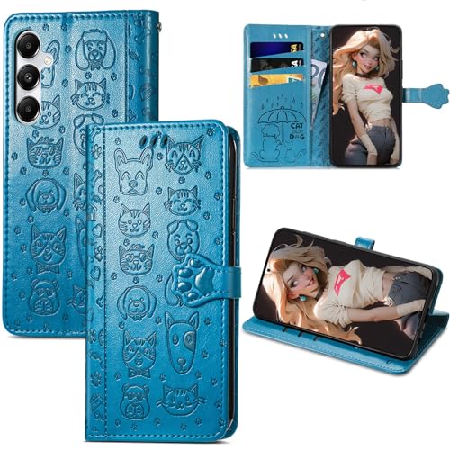 CCSmall Schutzhülle für Samsung Galaxy S24 Plus (nicht S24) mit Kartenhalter für Frauen, niedliche Katze, Hund, Cartoon-Stil, PU-Leder, Flip-Handyhülle mit Ständer, für Samsung S24 Plus MG, Blau von CCSmall