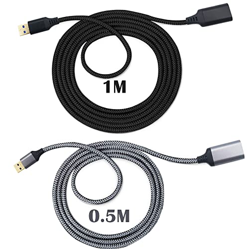 CESFONJER USB 3.0 Verlängerung, 2 pcs USB A Stecker auf A Buchse Nylon Verlängerungskabel, für Kartenlesegerät,Tastatur, Drucker, Scanner, Kamerausw (1 pcs*50cm grau+1 pcs*1M schwarz) von CESFONJER