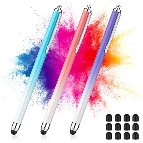 Stylus Pens für Touchscreens, 3 Pack Kapazitiver Stylus kompatibel für iPad iPhone Tablets Samsung Galaxy mit 12 extra austauschbaren Spitzen (Rosa, Blau, Lila) von CFDXK