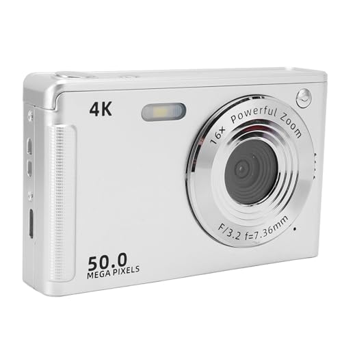 50 MP 4K-Digitalkamera, AF-Autofokus-Kamera mit 16-fachem Zoom, Fülllicht, 32-GB-Karte für, Jugendliche, Studenten, Kompakte Kleine -Point-and-Shoot-Kamera (Silver) von CFTGIW