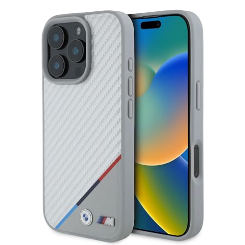 CG MOBILE BMW HC M Handyhülle entworfen für iPhone 16 Pro Max, langlebig, stoßfest, kompatibel mit Magsafe, PU Carbon Tricolor Line Hülle Grau von CG MOBILE