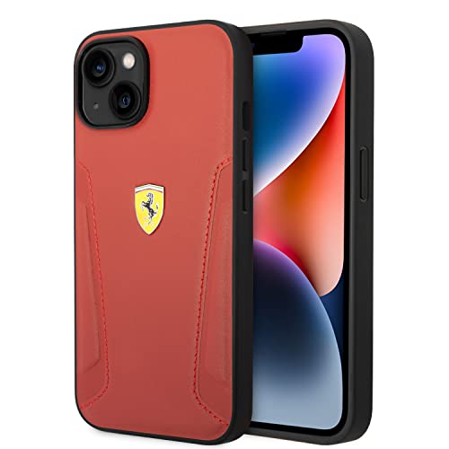 CG MOBILE Ferrari Schutzhülle für iPhone 14 in Rot mit heißen geprägten Seiten, schützendes Echtleder, langlebig und kratzfest, mit einfachem Snap-on, Stoßdämpfung und charakteristischem Logo von CG MOBILE