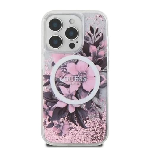 CG MOBILE Guess Magsafe Schutzhülle für iPhone 16 Pro Max mit Flüssigkeits-Glitzer und Blumen-Design von CG MOBILE