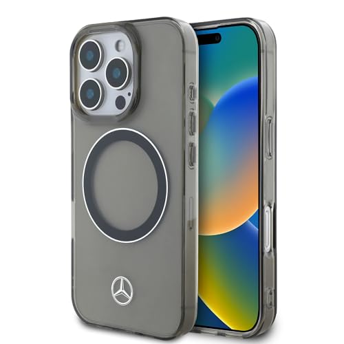 CG MOBILE Mercedes-Benz HC-Handyhülle, entworfen für iPhone 16 Pro Max, langlebig, stoßfest, kompatibel mit Magsafe, PC/TPU mit silbernem Ring, transparente Hülle, Schwarz von CG MOBILE