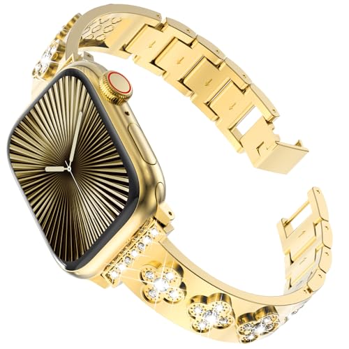 CHANCHY 46mm 45mm 44mm 42mm(Series 3 2 1) für Apple Watch Armband,Damen Edelstahl Diamant Strass Armband Metallarmband für iWatch Series 10/9/8/7/6/5/4/3/2/1/SE, Gold von CHANCHY