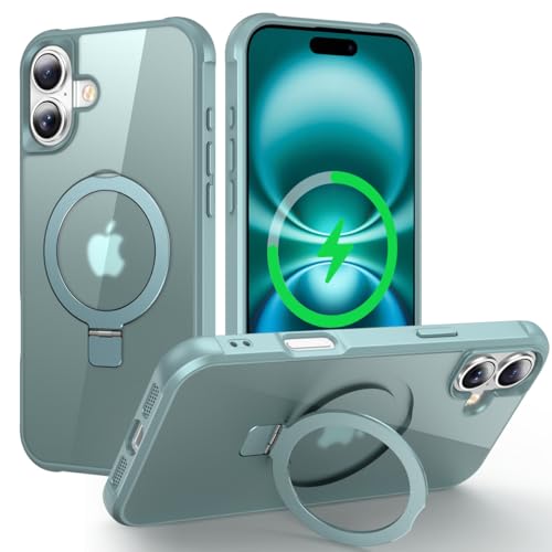 CHAOFEnG Magnetische Schutzhülle für iPhone 16, mit Ständer, militärische Qualität, Falltest, kompatibel mit Magneten, Ring, durchscheinend, schlank, harte Rückseite, weicher Rand, Blaugrün von CHAOFEnG