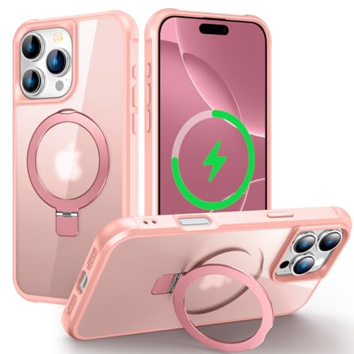 CHAOFEnG Magnetische Schutzhülle für iPhone 16 Pro Max, mit Ständer, militärische Qualität, Falltest, kompatibel mit Magneten, Ring, durchscheinend, schlank, harte Rückseite, weicher Rand, Rosa von CHAOFEnG