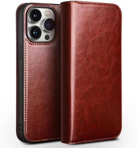 CHENMJJ Klapphülle aus echtem Leder für iPhone 15Pro Max/15 Pro/15 Plus/15, mit Kartenschlitz, Ständer, Folio-Schutzhülle (15, Braun) von CHENMJJ