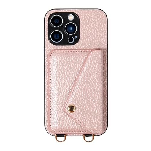 CHENMJJ Schutzhülle aus Leder für iPhone 15Pro Max/15 Pro/15 Plus/15, Brieftaschen-Schutzhülle mit Kameraloch und langem Schultergurt (15 Pro Max, Rosa) von CHENMJJ