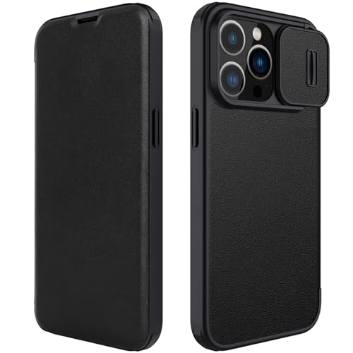 CHENMJJ Schutzhülle für iPhone 15/15 Pro/15 Plus/15 Pro Max, integrierte Schiebe-Kamera-Abdeckung, Premium-PU-Leder, Klapphülle mit Kreditkartenhalter, stoßfeste TPU-Innenschale (Schwarz, iPhone 15 von CHENMJJ