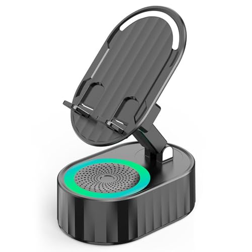 CHENRI Handyständer mit Induktionslautsprecher/Powerbank/Atmosphärenlicht, Bluetooth Lautsprecher mit Handyständer, Faltbarer Handyhalterung mit LED Licht, Geschenke für Frauen und Männer (Schwarz) von CHENRI