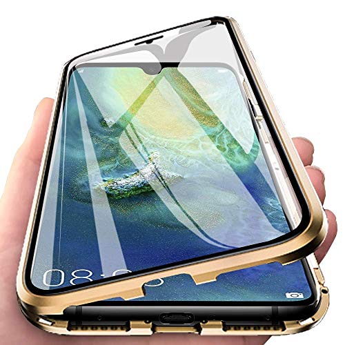 Schutzhülle für Huawei P30 Pro (6,47 Zoll), Flip Cover, Magnetverschluss, Metall, Bumper, Rahmen, transparent, Vorder- und Rückseite, Hartglas, ultradünn, 360 Grad, kompletter Schutz, goldfarben von CHENYING