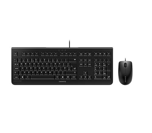 CHERRY DC 2000, Kabelgebundenes Tastatur-Maus-Set, UK-Layout (QWERTY), Plug & Play über je 1 USB-Anschluss, Flaches Design, Symmetrische Maus, Schwarz von CHERRY