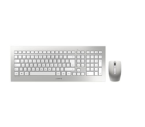 CHERRY DW 8000, kabelloses Tastatur- und Maus-Set, Deutsches Layout (QWERTZ), batteriebetrieben, ultraflache Tastatur, 3 Tasten-Maus mit Infrarotsensor, Weiß-Silber von CHERRY