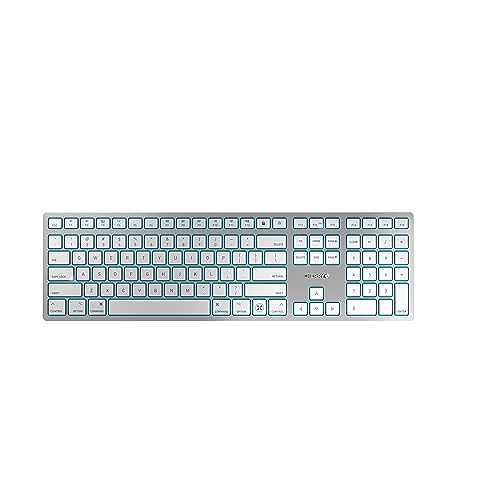 CHERRY KW 9100 SLIM FOR MAC, Kabellose Mac-Tastatur, US-Layout (QWERTY), Bluetooth oder 2,4 GHz Funk, Flache Tasten, Wiederaufladbar, Weiß-Silber von CHERRY