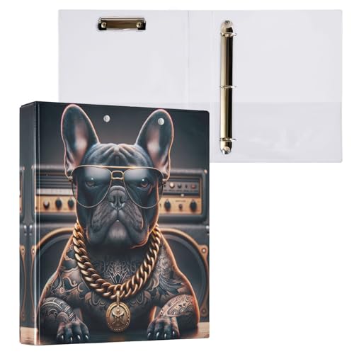 3,8 cm großer Ordner mit 3 Ringen, coole französische Bulldogge mit Sonnenbrille, runder Ringordner mit rutschfestem Metallclip, D-Ringbuch für Schule, Büro, Zuhause, 1 Packung von CHIFIGNO