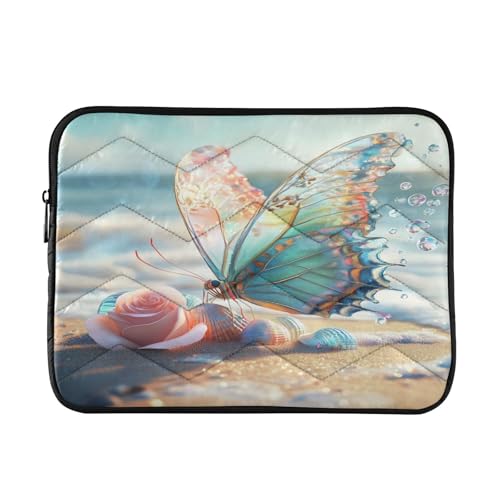 Laptophülle, realistische Schmetterlings-Rosen, blaue Muscheln, tragbare Computertasche, schützende Laptophülle, Notebook-Tasche, 38,1 - 40,6 cm (15 - 16 Zoll) von CHIFIGNO