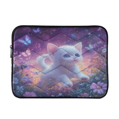 Laptoptasche mit weißer Katze, violette Schmetterlinge, Blumen, 33 - 35,6 cm, schützende Laptoptasche, Computer-Tragetasche, Notebook-Tasche von CHIFIGNO