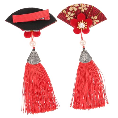 CHILDWEET 1 Paar Haarnadel Mit Blumenquaste Haarschmuck Im Japanischen Stil Fächer-haarspange Frauen Haarnadel Fan-haarspange Chinesische Haarspangen Kimono-blumenkopfbedeckung Stoff Rot von CHILDWEET