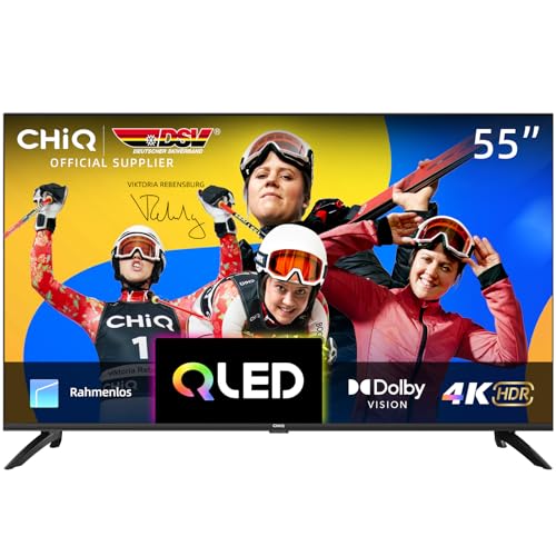 CHIQ U55QH7C 55-Zoll-Smart-TV-Gerät, 4K QLED, Dolby Vision HDR10, rahmenloses Design, Works with Alexa, Netflix, Prime Video, Google Play, BT5.0, HDMI2.0, USB2.0, Modell 2023 Schwarz von CHIQ