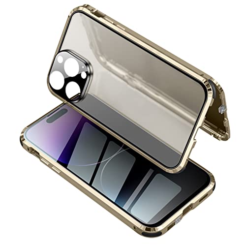 CHNRNJ Anti-Spähen Hülle für iPhone 14/14 Plus/14 Pro /14 Pro Max, Metallrahmen 360 Grad Handyhülle Gehärtetes Glas Aluminium Rahmen Magnet Transparent Case mit Kameraschutz,Gold,iPhone14 Pro Max von CHNRNJ