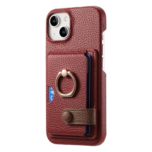 CHNZUX Business Style Mobile Phone Case for iPhone 15 Pro Max/15 Pro/15 Plus/15, Ring Holder Leather Case, with Card Slot, Lychee Texture Phone Case, Red, 15 von CHNZUX