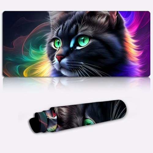 Mousepad Mystical Black Catd XXL für Maus und Tastatur (35,4 x 15,7 x 0,12 Zoll), große Tischmatte, rutschfeste Gummiunterseite mit genähten Kanten von CHTXD