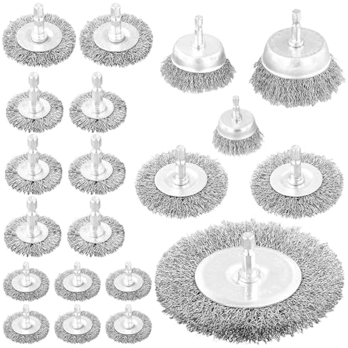 CHUIFAI 20 Stück Bohrmaschine Drahtbürsten Set, Drahtbürste Akkuschrauber Stahlbürste in 8 Größen, Schleifbürsten mit Sechskantstange, Topfbürste für Schleifen, Polieren, Entrosten von CHUIFAI