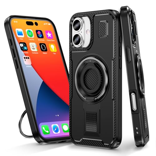 CHUITING-Schutzhülle mit Ring für iPhone 16/16 Pro/16 Plus/16 Pro Max, rutschfeste Karbonfaser-Polycarbonat-Schale, militärische stoßfeste Hülle, drehbarer Ständer, 16 Plus, Schwarz von CHUITING