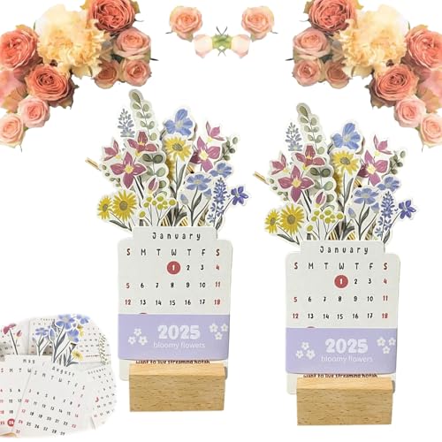 Blumenkalender 2025, Lanenow-Kalender, Blumen-Tischkalender 2025, Blumen-Tischkalender 2025 mit Holzsockel (2pcs) von CHUNLIGOUJI