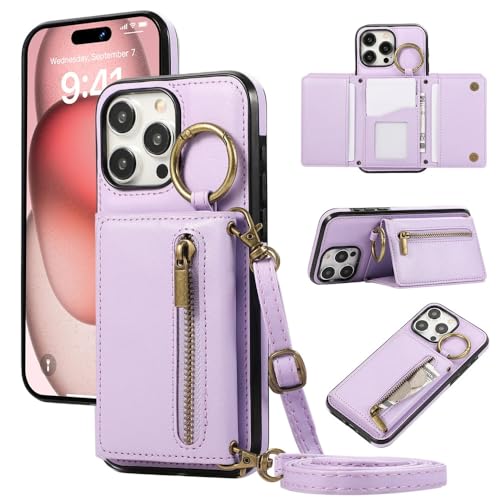 Crossbody Cards Solt Triple Wallet Leder-Reißverschlusshülle für iPhone 15 Pro Max 14 Plus 13 12 11 XS XR SE2022 Ringhalter-Abdeckung, Lila, Für iPhone 15 von CIBOS