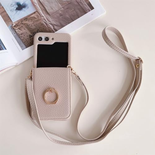 Crossbody-Handyhülle aus Leder für Samsung Galaxy Z Flip 5 4 Flip5 Flip4 Flip3 5G Ringspiegel-Geldbörsen-Kartenhalter-Abdeckung, Flaches Khaki, Für Galaxy Z Flip5 von CIBOS