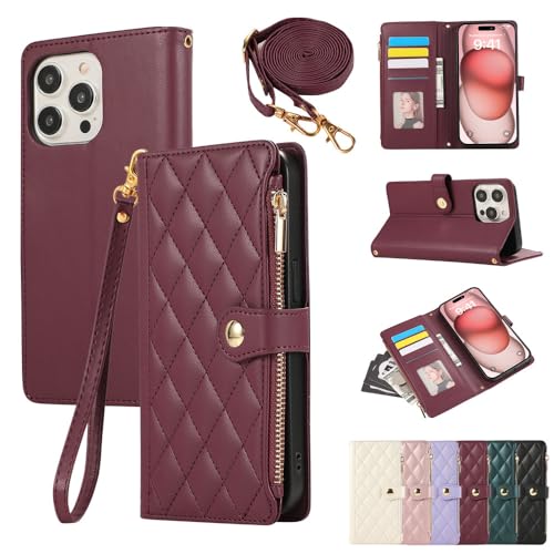 Crossbody-Reißverschluss-Karten-Solt-Geldbörsen-Ledertasche für iPhone 15 Pro Max 15 Plus 14 13 12 11 SE2022 Tasche Geldbörse Flip Book Strap Cover, Dunkelrot, Für iPhone 15Pro von CIBOS