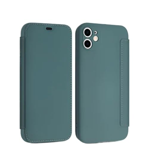 Flip-Lederhülle aus flüssigem Silikon für iPhone 15 Pro Max 14 12 13 11 15 X XR XS Plus SE2022 Linsenschutzkarten Solt Book Cover, Dunkelgrün, Für iPhone 15ProMax von CIBOS