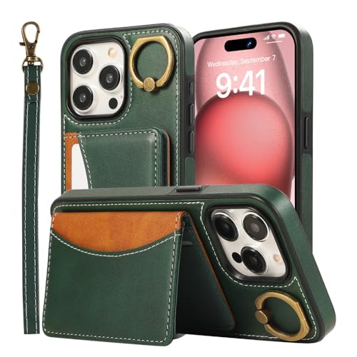 Kartentasche Ringhalter Leder Brieftasche Hülle für iPhone 15 Pro Max 14 Plus 13 12 11 XS XR 7 8 SE 2022 Standgurt Solt Cover, grün, für iPhone 14PRO von CIBOS