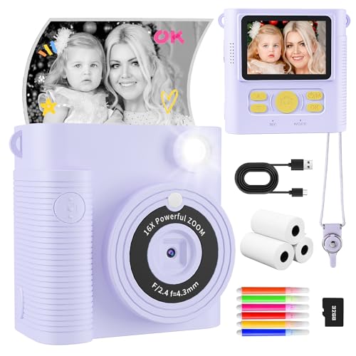 CKATE Kinder Fotokamera Sofortdruck, Kinder Kamera mit 2 Shutters, 1080P HD Sofortbildkamera 32G SD Karte Kinderkamera sofortbild, Sinnvolle Geschenke für Kinder ab 4 - Traum Lila von CKATE