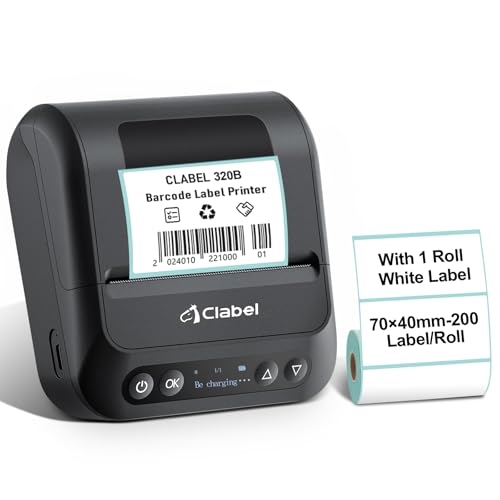 CLABEL Etikettendrucker Bluetooth Selbstklebend, 320B 3 Zoll Thermo Tragbarer Etikettiergerät Barcode Beschriftungsgerät Kompatibel mit iOS Android PC Label Printer für Zuhause Einzelhandel Büro von CLABEL