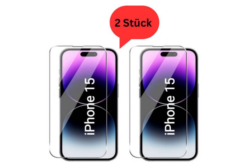 CLM-Tech Displayschutzglas 2x Schutzfolie für iPhone 15 - Panzerfolie für Apple iPhone 15, - Panzerglas Folie - Anti-Fingerabdruck und kratzfest -, 2 Stück, Unterstützt Fingerabdruck-ID, Kristallklar von CLM-Tech