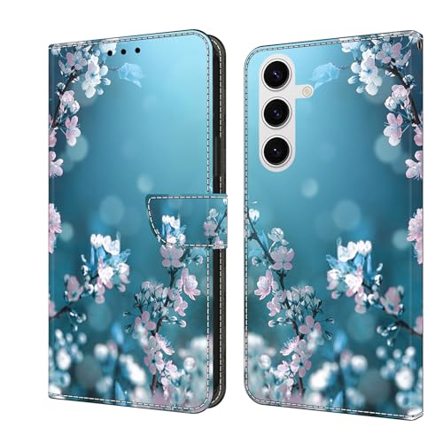 CLM-Tech Handyhülle kompatibel mit Samsung Galaxy A16 5G Hülle - Tasche aus PU Leder - Klapphülle mit Ständer und Kartenfächern - Schutzhülle Wallet Case Cover Pflaumenblüte blau von CLM-Tech