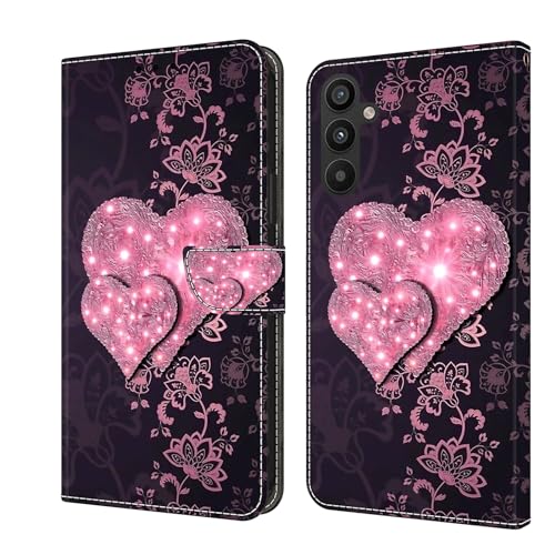 CLM-Tech Handyhülle kompatibel mit Samsung Galaxy A16 5G Hülle - Tasche aus PU Leder - Klapphülle mit Ständer und Kartenfächern - Schutzhülle Wallet Case Cover rosa Herzen von CLM-Tech