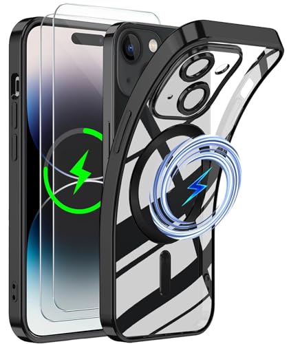 CLYDITE Magnetisch Hülle für iPhone 15 6,1 Zoll Kompatibel mit MagSafe Gehärtetes Glas Schutzfolie [2 Stück] Integriert Kameraschutz Glas Schützen Klares Silikon Stoßfeste Hüllen-Schwarz von CLYDITE