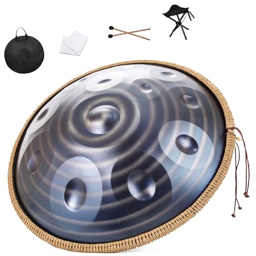 Handpan Drum Set Mit Weicher Handpan-Tasche, 2 Handpan-Schlägel, Handpan-Ständer Und Staubfreiem Tuch, Handpan-Instrument Für Erwachsene – 22 Zoll 12 Töne 430 Hz/440 Hz D-Moll Kurd Handpan(Dark,432HZ) von CMJYMX