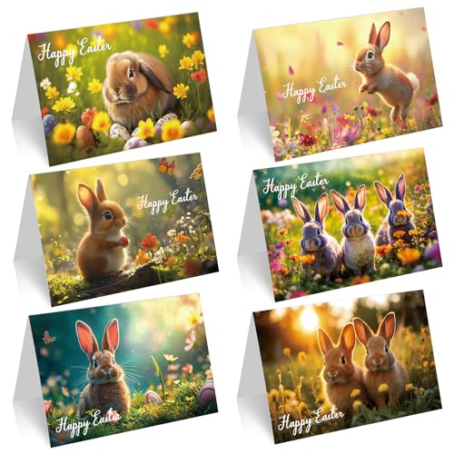 Happy Easter Karten Multipack mit Umschlägen, 12 Stück Ostergrußkarten, Osterei Floral Bunny Notizkarten für Kinder und Familie, lebendige Osterhasen-Karten für Osterparty von COCHIE