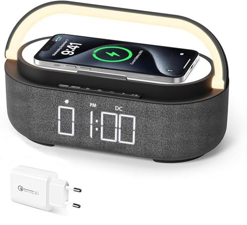 COLSUR Radiowecker Digital mit Wireless Charger, Bluetooth Lautsprecher mit USB-Ladegerät, Smart Wecker Schlummerfunktion Induktive Ladestation, Nachtlampe, Dimmbares LED-Display und Batterie-Backup von COLSUR