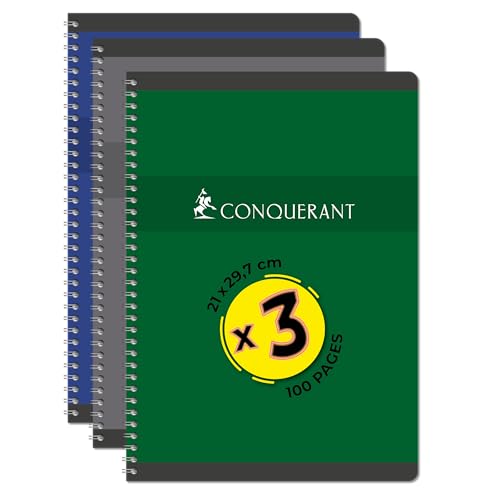 CONQUERANT 3 Hefte, A4, 100 Seiten, 70 g, Q5 x 5, Vollbindung, Deckblatt in verschiedenen Farben von CONQUERANT