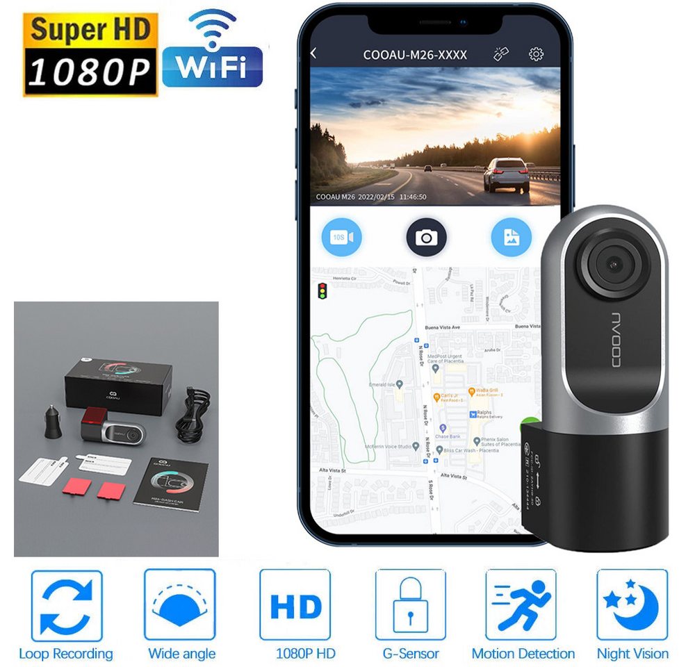 COOAU Neue 1080P Dash Cam,Intelligente Auto Front Center Kamera Recorder Dashcam (HD, WLAN (Wi-Fi), Mini Dash-Kamera für Autos mit 24*7-Parkmonitor,150° Weitwinkel,WDR, Infrarot-Nachtsicht, Superkondensator,G-Sensor,WDR,Loop-Aufnahme) von COOAU