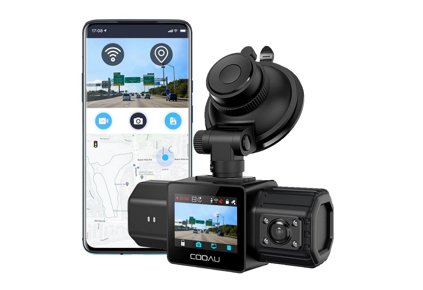 COOAU Neue Dual Dashcam 2.5K+1080P Dash Cam vorne und innen HD Autokamera Dashcam (HD, WLAN (Wi-Fi), Mit IR Nachtsicht, WDR,Unfallprotokoll,GPS und intelligente App, Dashcam für Autos 170°Weitwinkel,G-Sensor,Loop-Aufnahm,Parküberwachung) von COOAU