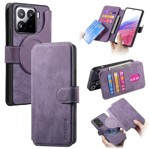 COQUE Hülle Xiaomi 15 Pro Schutzhülle,Magnetisch Klappbar Brieftasche Kartensteckplatz Handy Lederhülle für Xiaomi 15 Pro-Violett von COQUE