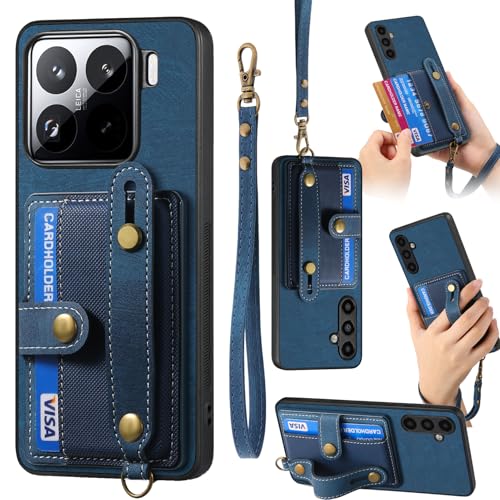 COQUE Hülle für Xiaomi 15 Handyhülle Retro-Stil Kreuztextur, [Armband][Ständer][Umhängeband] Stoßfeste Schutzhülle, Cover für Xiaomi 15 Hülle-Blau von COQUE